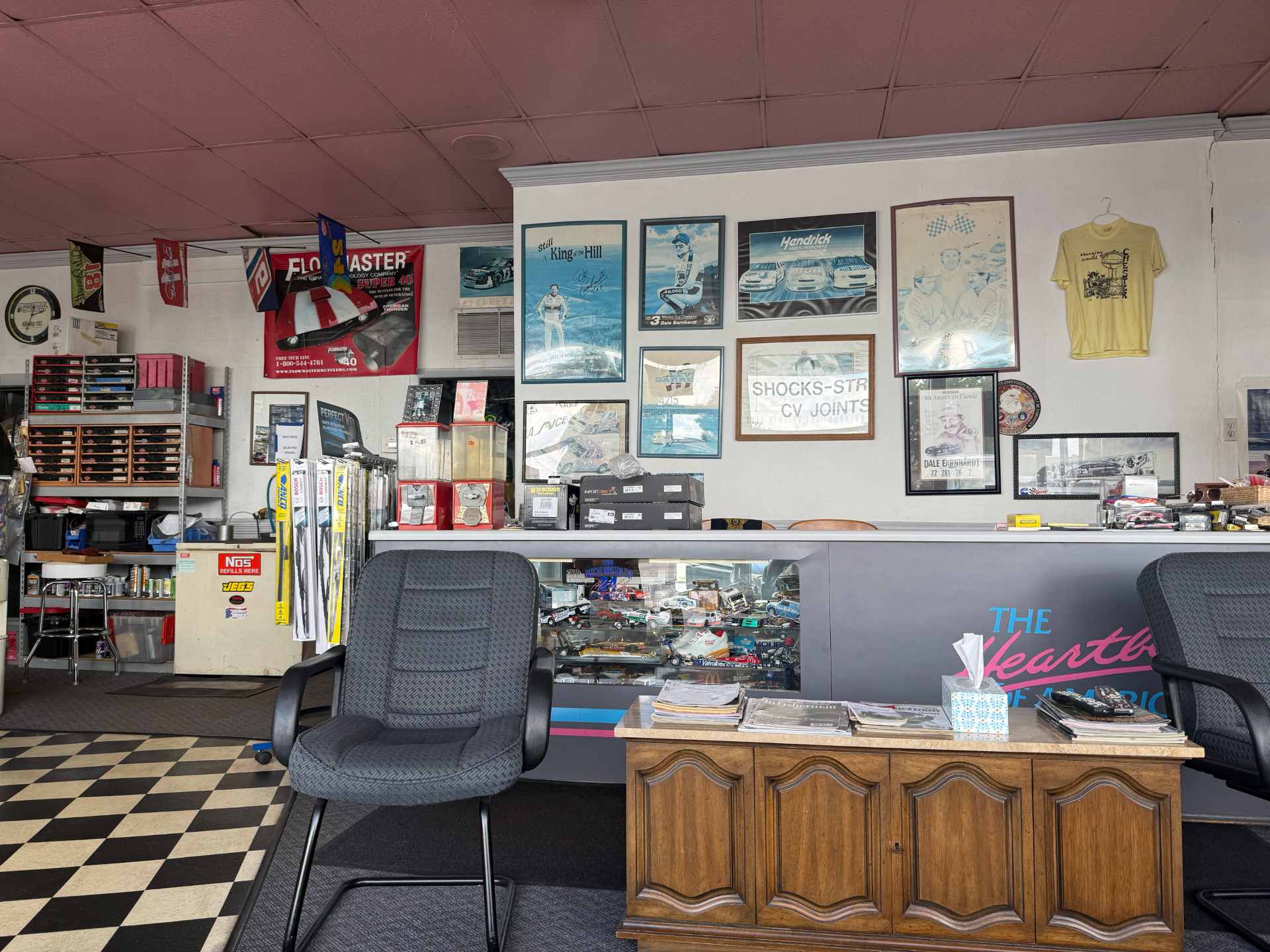 Shop interior showing long-time racing and local memorabilia
